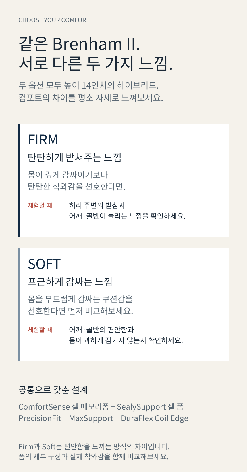 SEALY POSTUREPEDIC ELITE HYBRID BRENHAM II · Firm / Soft 비교