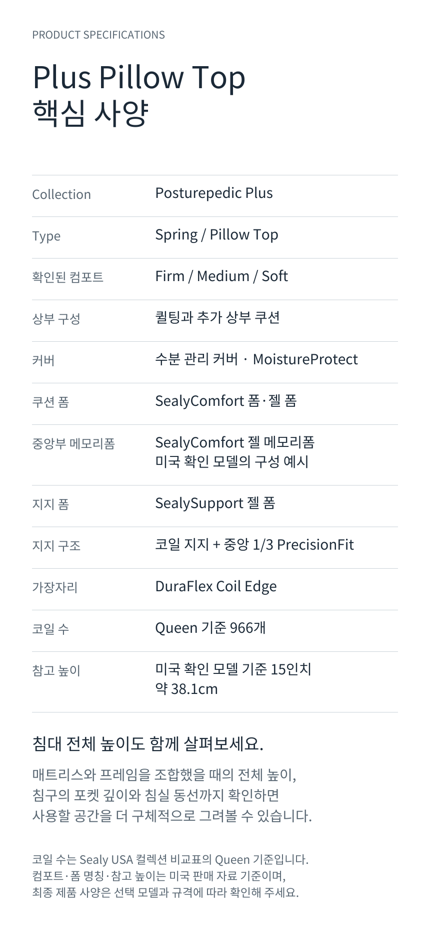 SEALY POSTUREPEDIC PLUS PILLOW TOP · 제품 상세 스펙