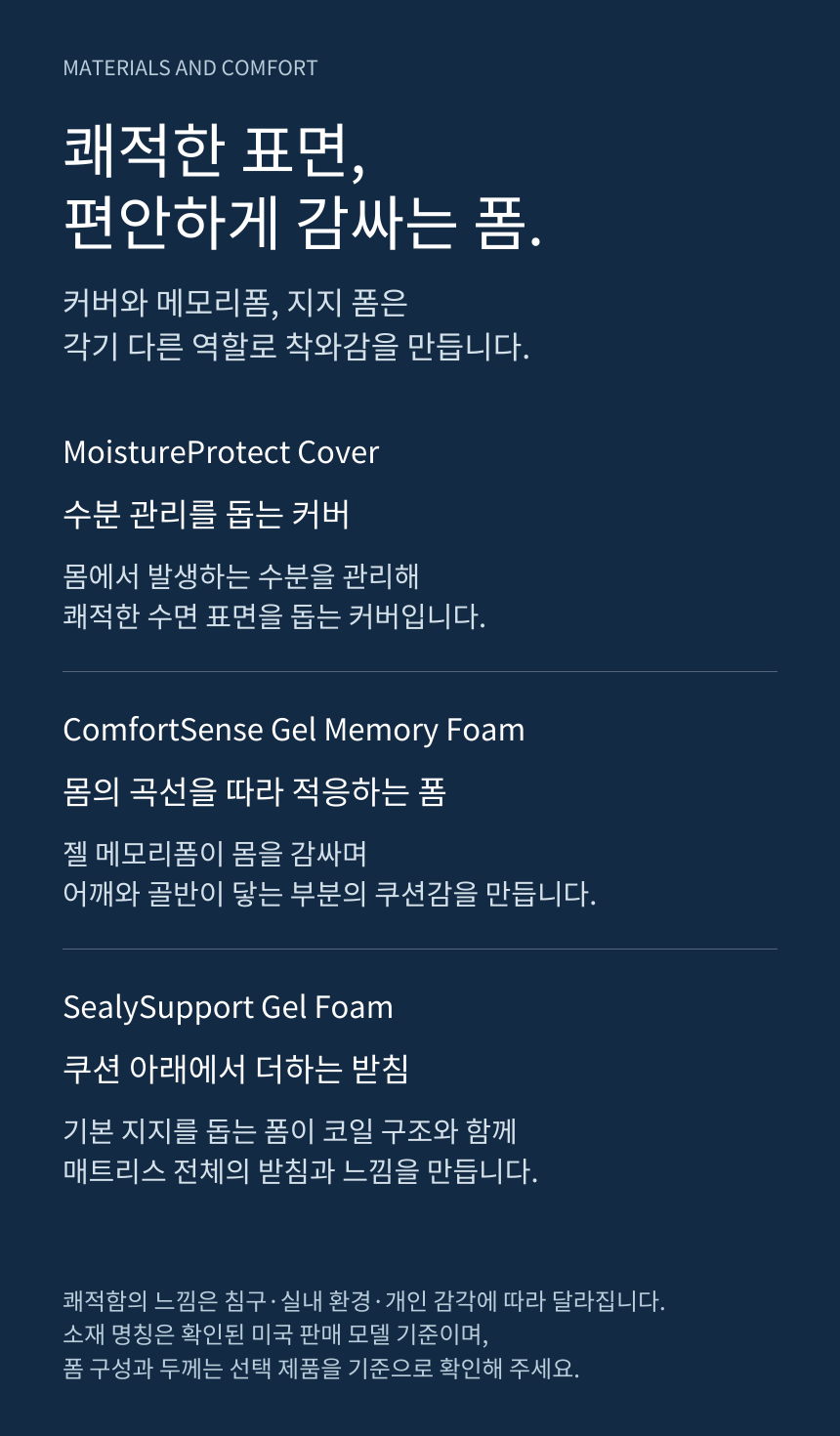 SEALY POSTUREPEDIC PLUS HYBRID · 주요 소재 및 기술