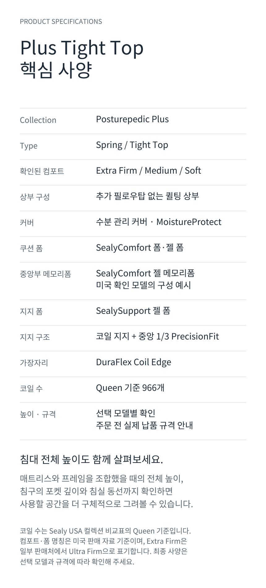 SEALY POSTUREPEDIC PLUS TIGHT TOP · 제품 상세 스펙