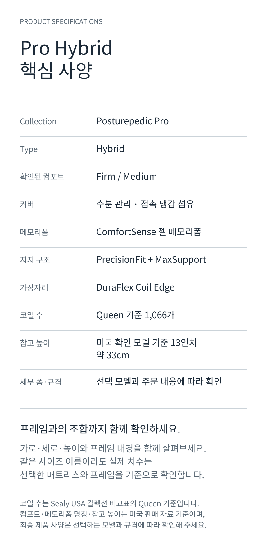 SEALY POSTUREPEDIC PRO HYBRID · 제품 상세 스펙