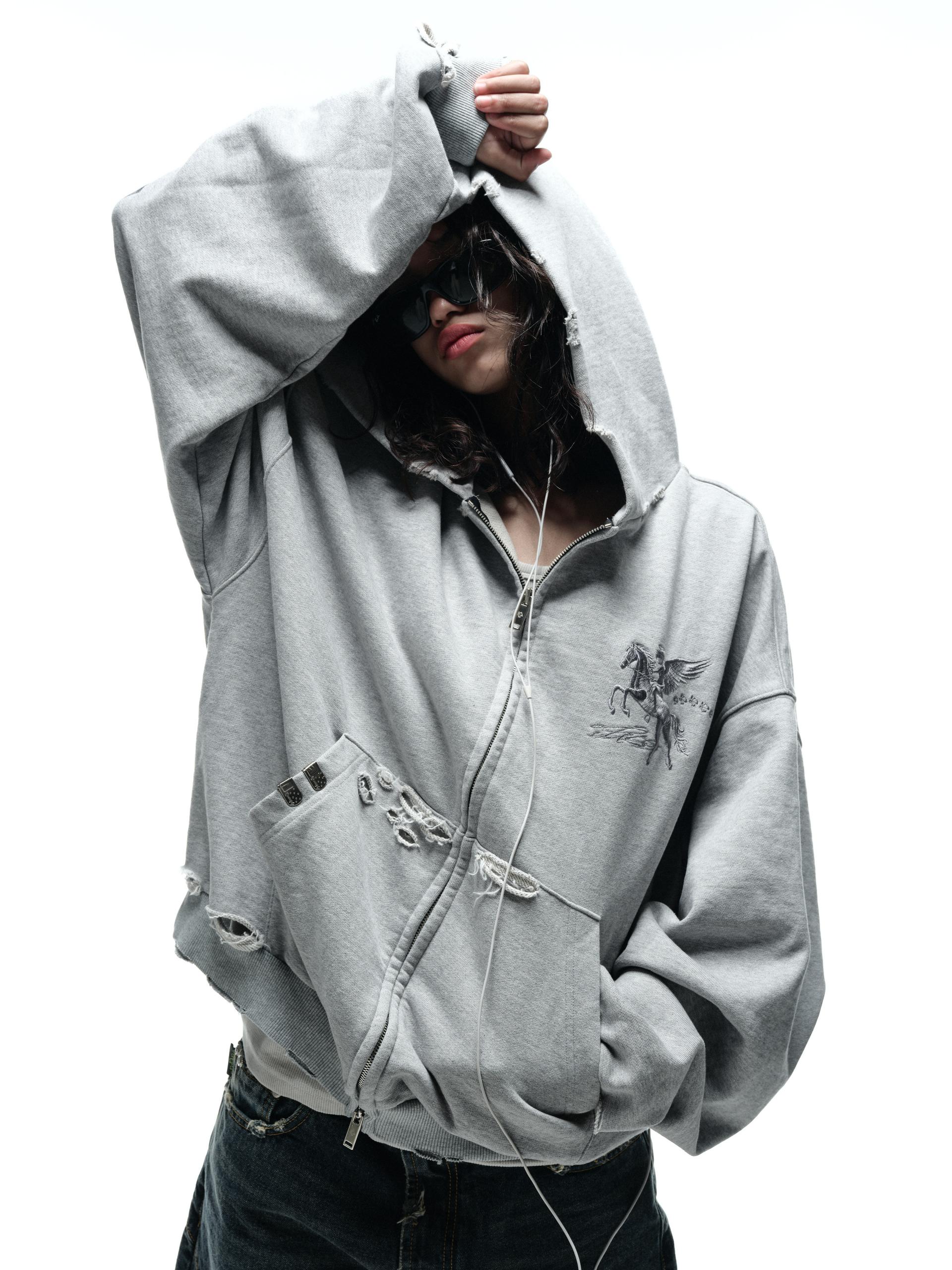 DESTROYED FALLING ANGEL ZIP UP HOODIE - GREY