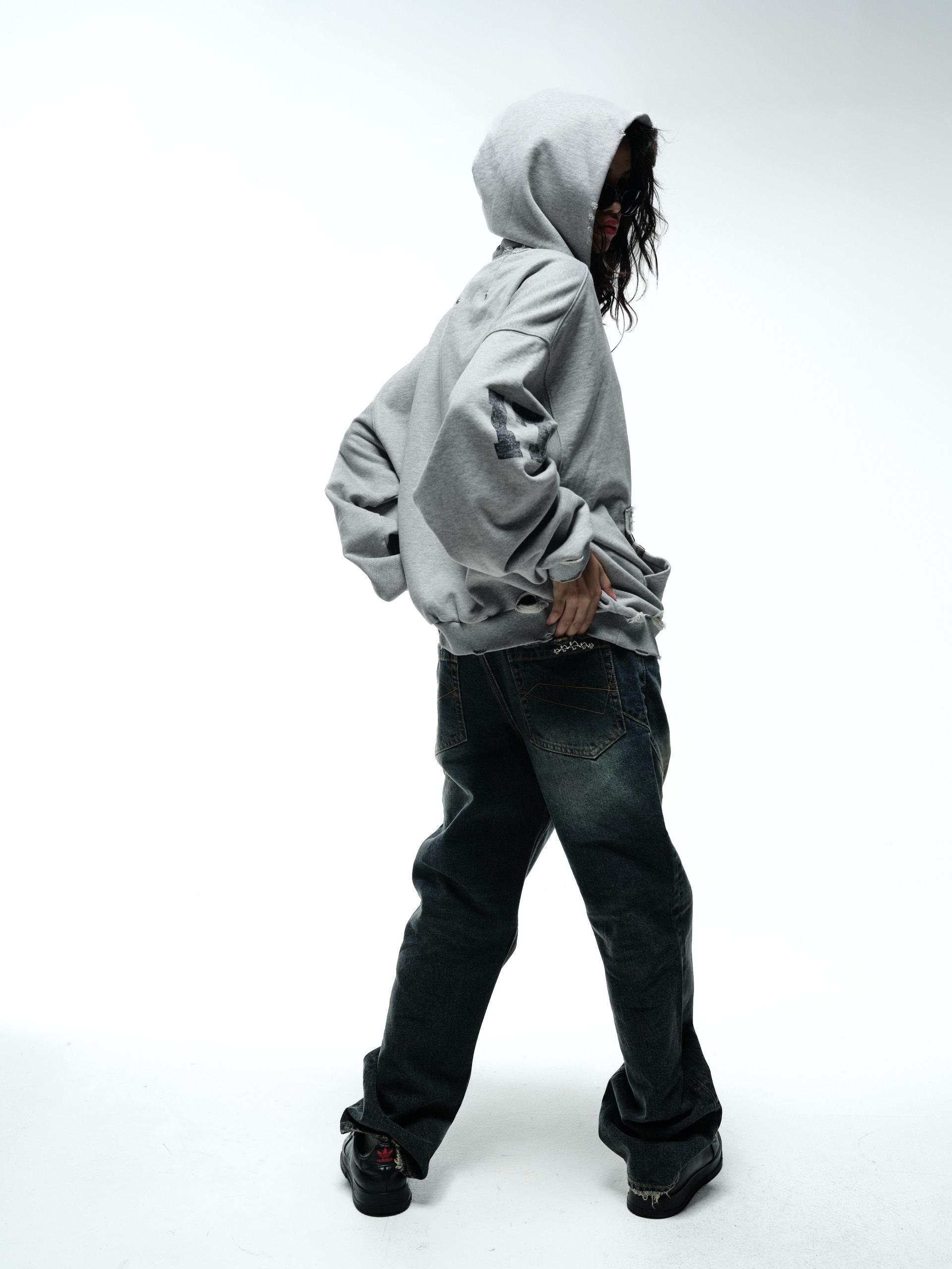DESTROYED FALLING ANGEL ZIP UP HOODIE - GREY