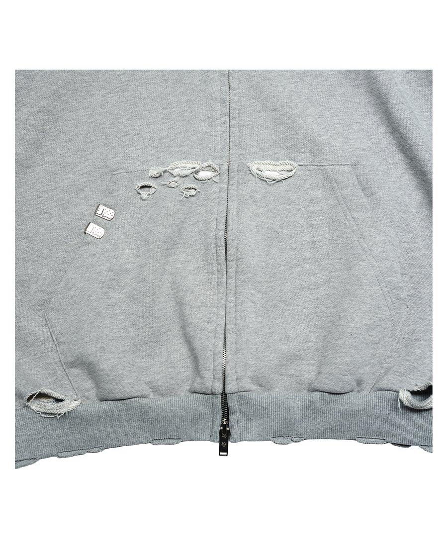 DESTROYED FALLING ANGEL ZIP UP HOODIE - GREY