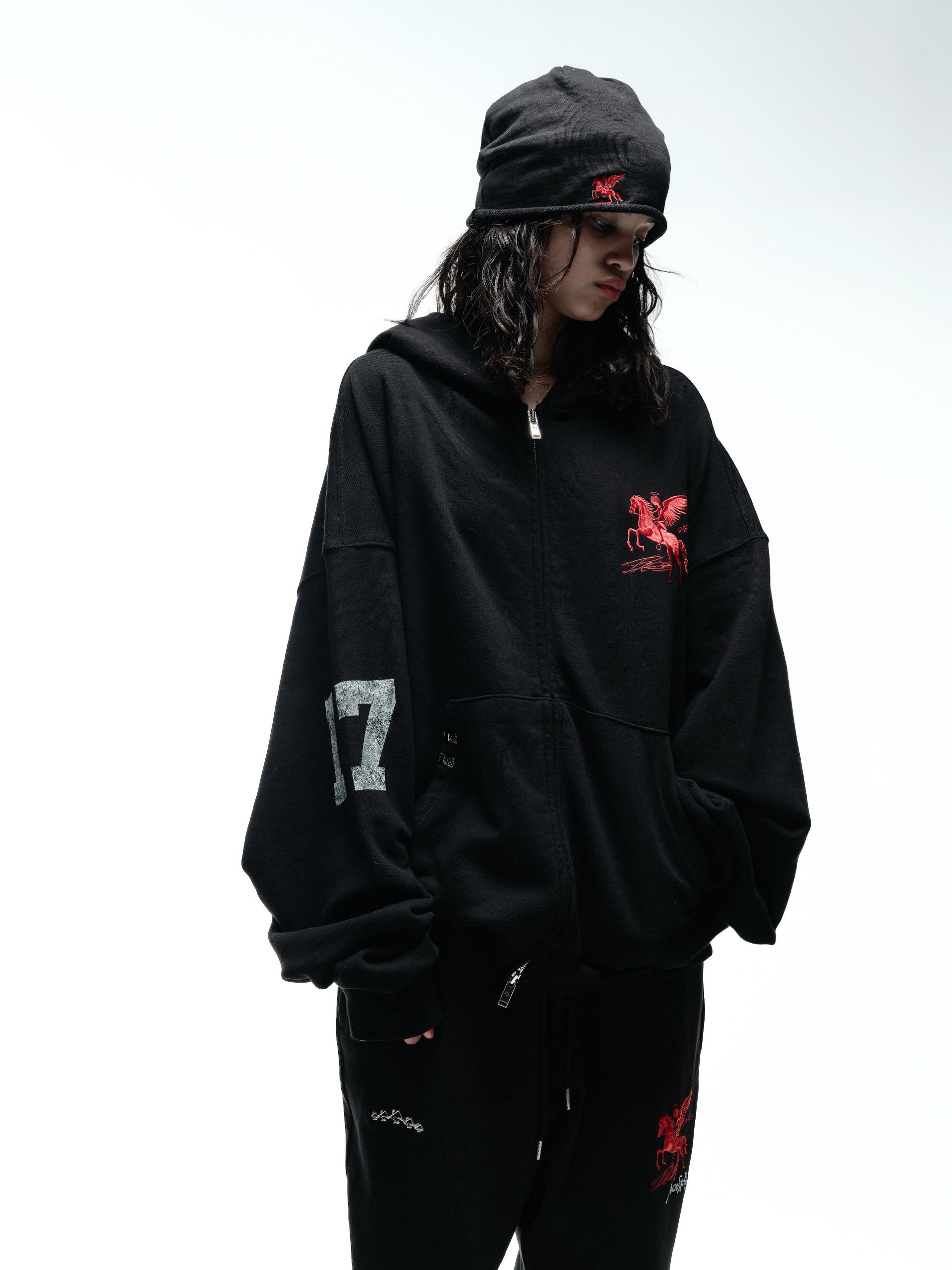 FALLING ANGEL ZIP UP HOODIE - BLACK