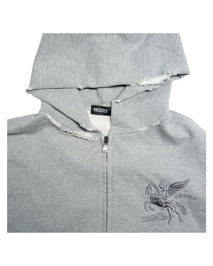 DESTROYED FALLING ANGEL ZIP UP HOODIE - GREY
