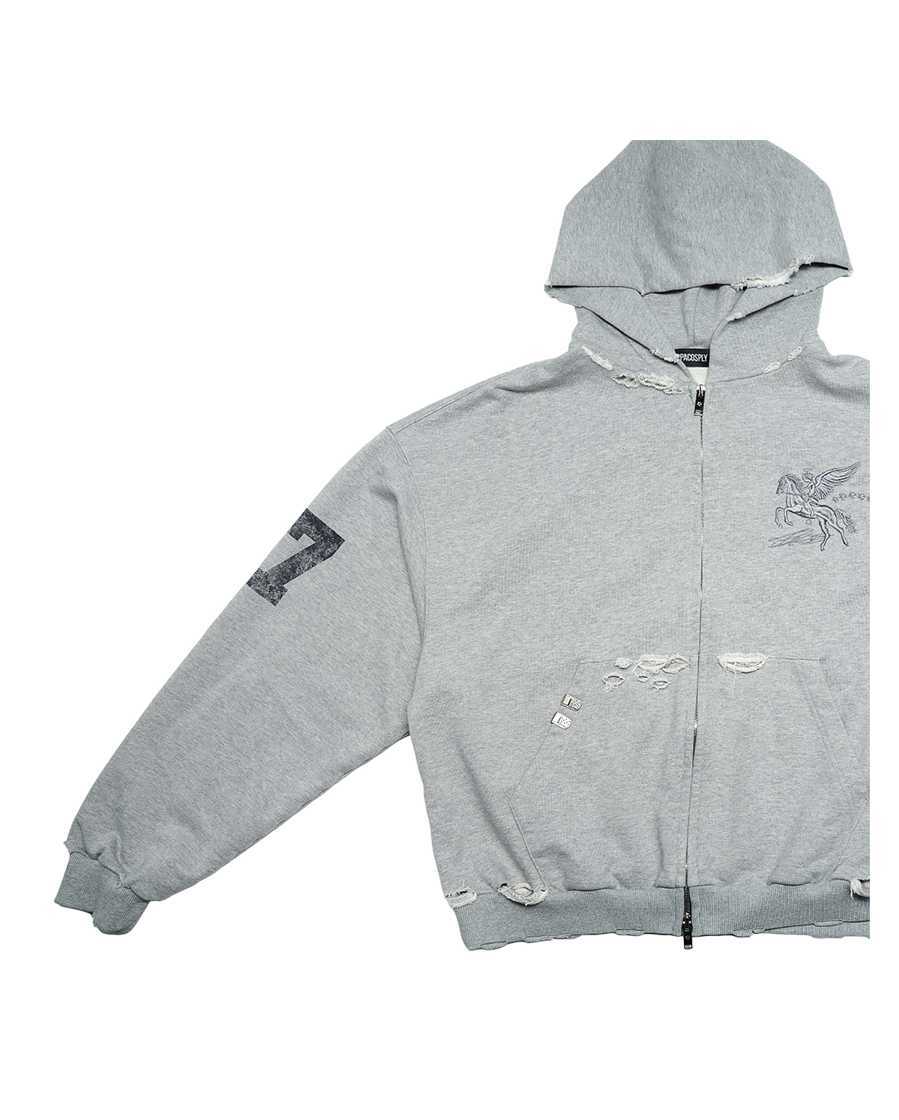 DESTROYED FALLING ANGEL ZIP UP HOODIE - GREY