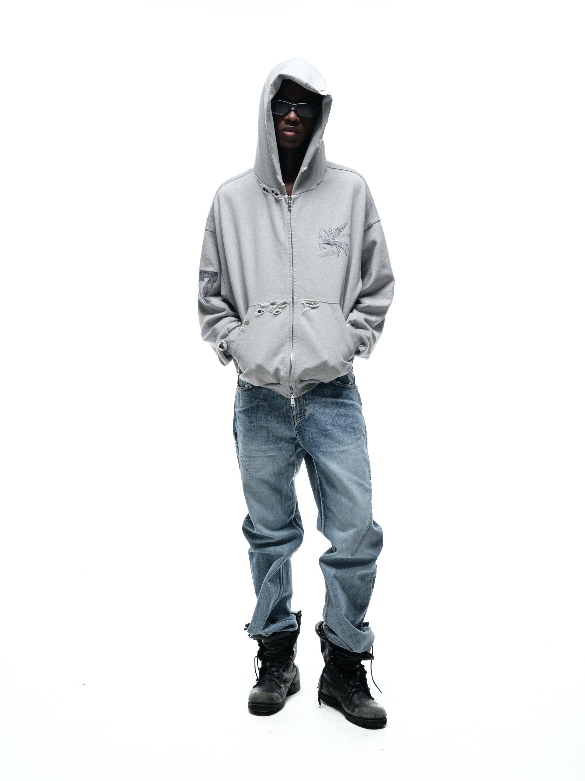 DESTROYED FALLING ANGEL ZIP UP HOODIE - GREY