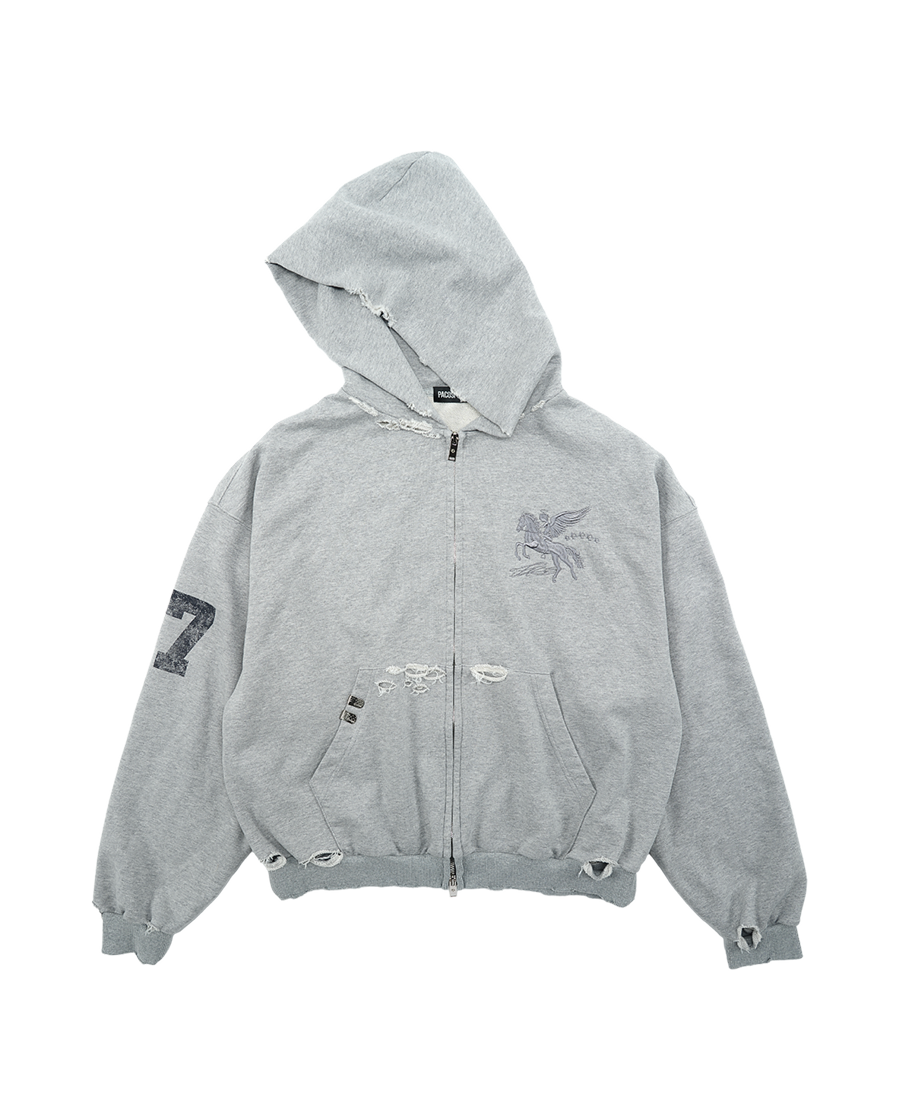DESTROYED FALLING ANGEL ZIP UP HOODIE - GREY