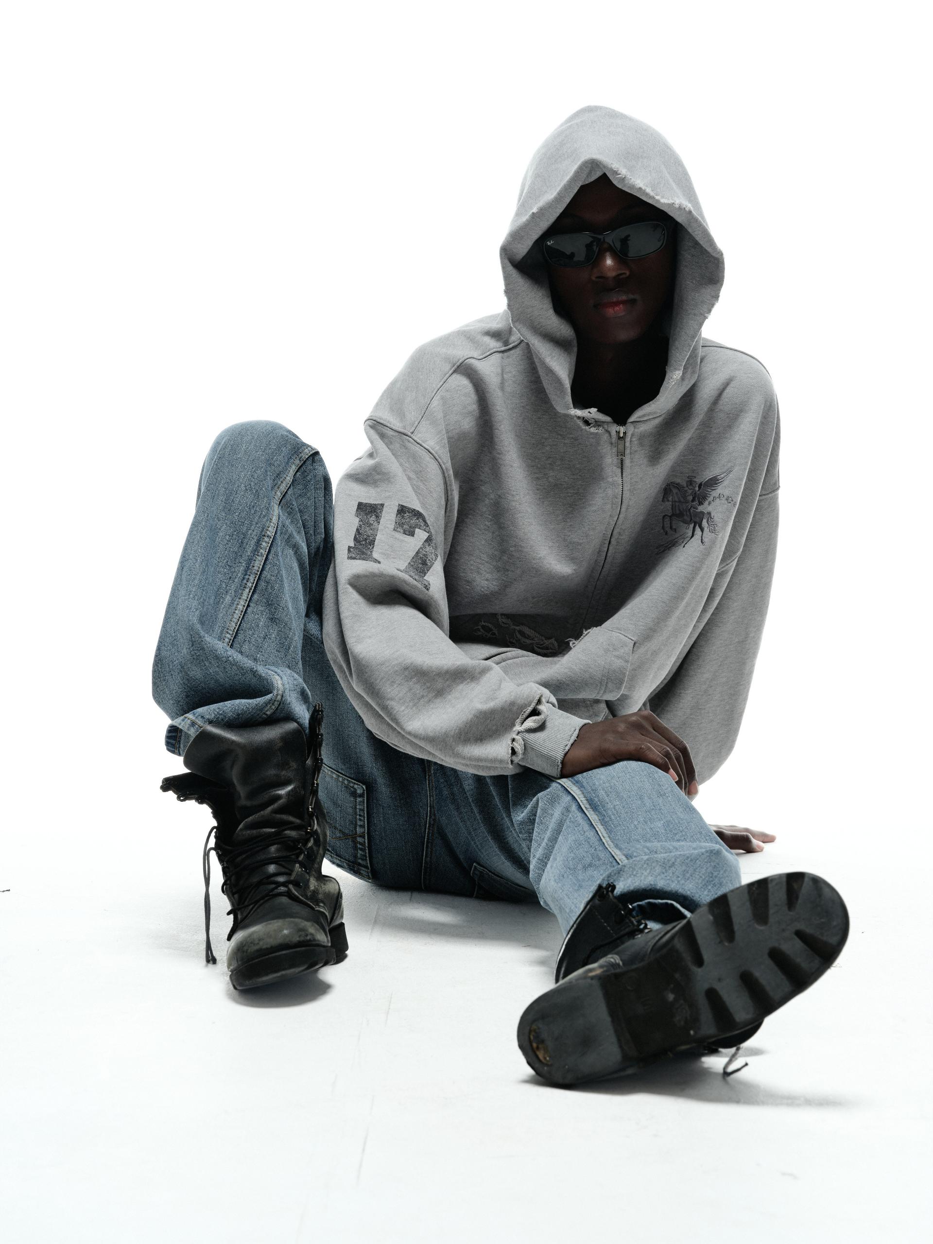 DESTROYED FALLING ANGEL ZIP UP HOODIE - GREY
