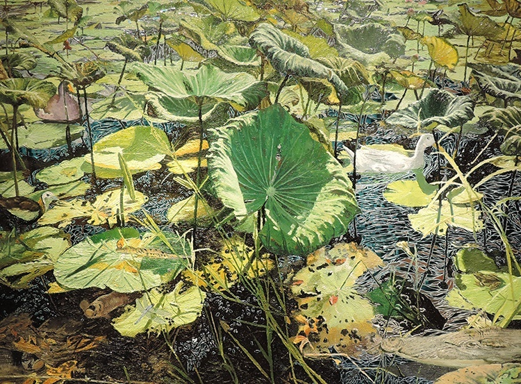씻웃 쁘랍리뿌(Silvut Prabripoo) I 'Lotus and his family' 색유리와 유화 140×200cm 2024