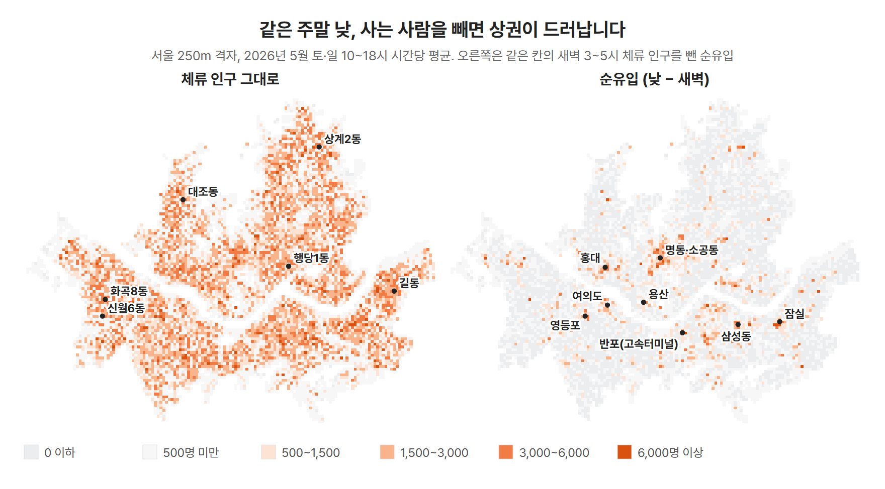서울의 주말 낮 체류 인구 지도와 새벽 대비 순유입 지도 비교