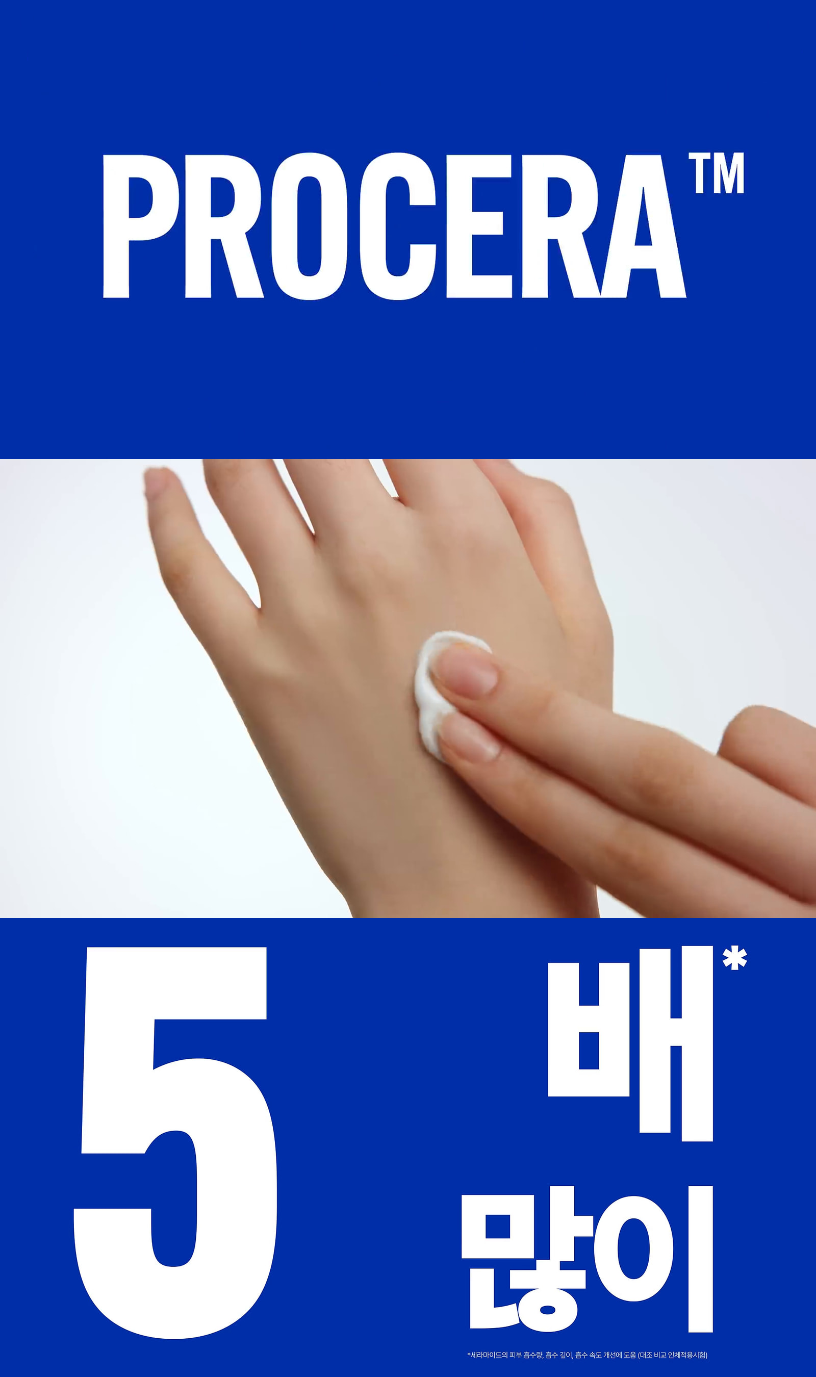 위에서부터 성분 이름 ‘PROCERA’, 손등에 크림을 펴 바르는 모습, 흡수 비교 수치와 시험 범위 고지입니다. 성분 소개에서 제형과 시험 근거로 이어지는 세 장면을 영상 순서대로 연결했습니다. 이미지 출처: 리얼베리어 공식 캠페인.