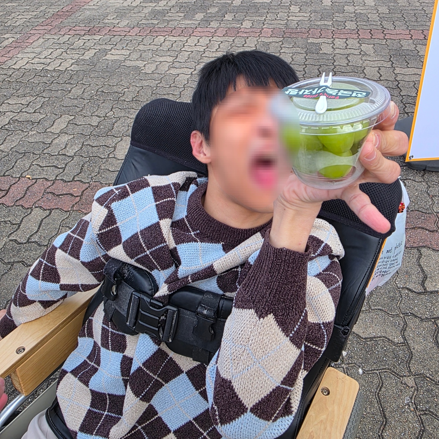 간식으로 직접고른 청포도를 들고 있는 이용자