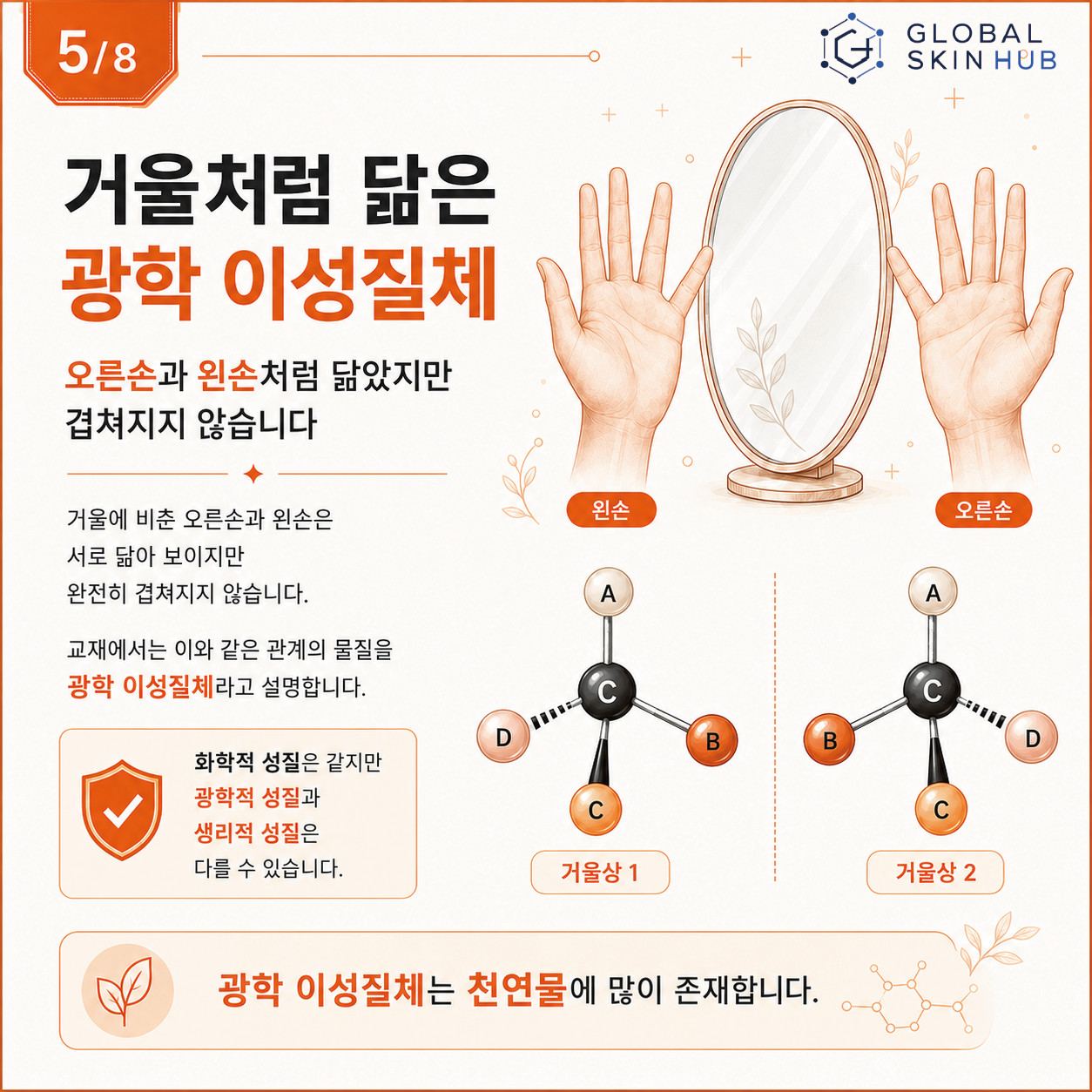 거울상과 겹쳐지지 않는 광학 이성질체를 설명하는 슬라이드