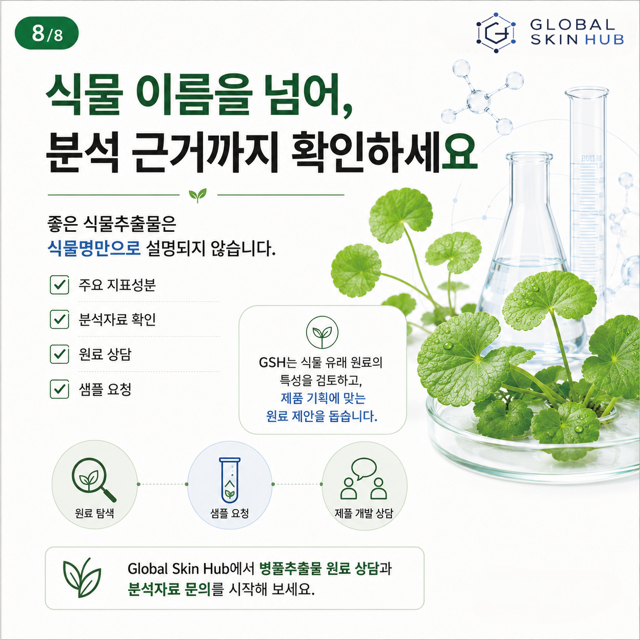 지표성분과 분석 근거를 함께 확인하라는 Global Skin Hub 안내 슬라이드