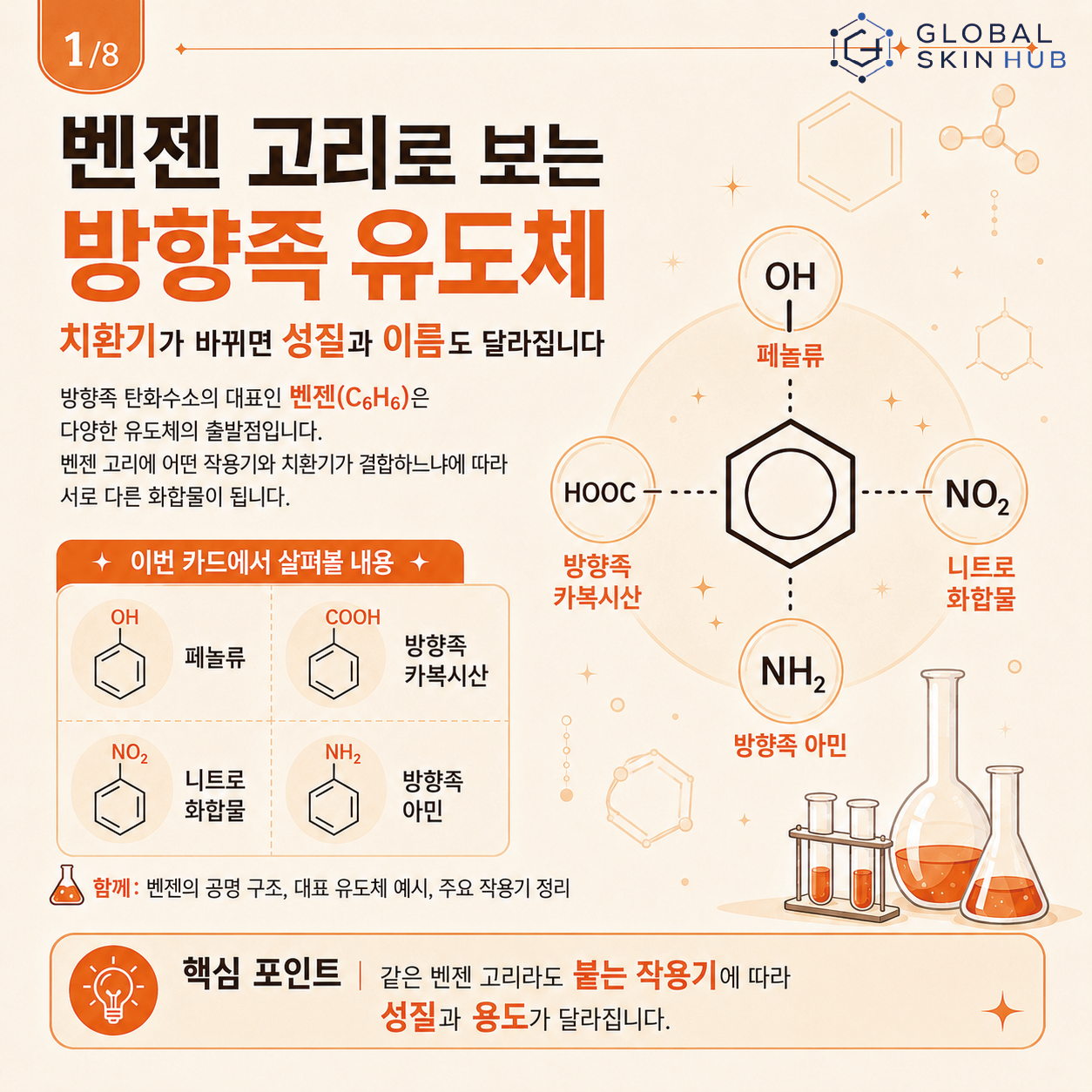 벤젠 고리의 치환기에 따라 성질과 이름이 달라지는 방향족 유도체 카드뉴스 표지
