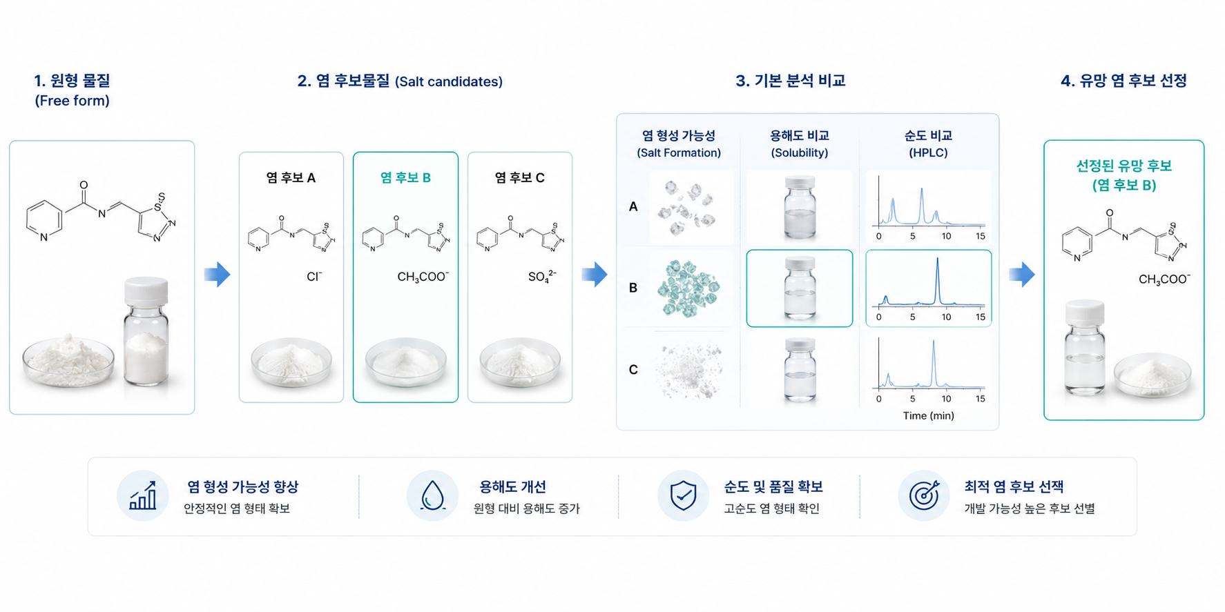 원형 물질에서 염 후보물질로 전환되는 염 스크리닝 개념도