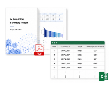 머신러닝 후보물질 PDF 보고서와 Excel Ranking Table 예시