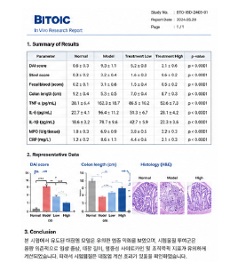장 염증 개선 동물모델 결과표 및 최종보고서 예시