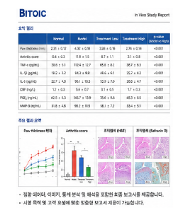 염증성 관절 모델 결과표 및 최종보고서 예시