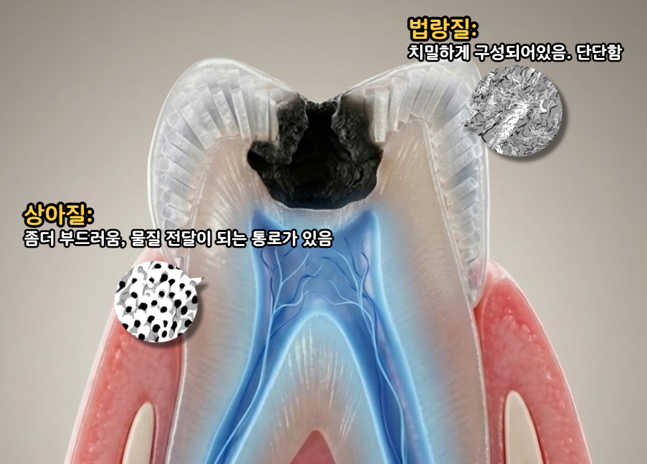 법랑질, 상아질, 어금니까만점 충치가 퍼져가는 모습