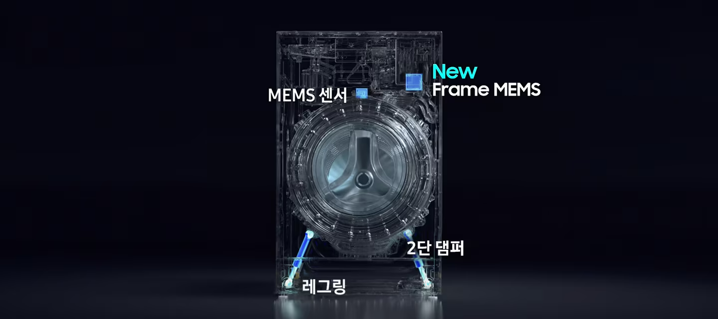 BESPOKE AI콤보의 내부가 보이는 투시도 이미지입니다. mems센서, 레그링,  2단댐퍼, new frame mems 진동/소음 저감 시스템의 각 부분을 가는 선으로 표시하고 있습니다. 