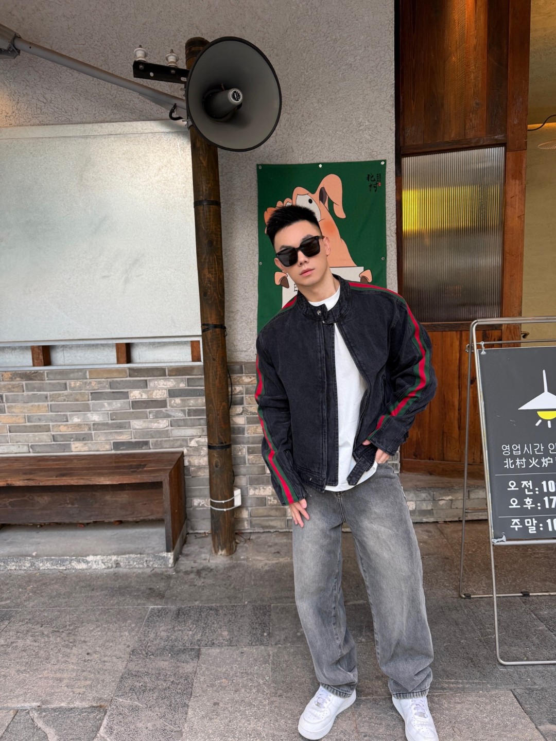 구찌 웹 스트라이프 데님 바이커 재킷
