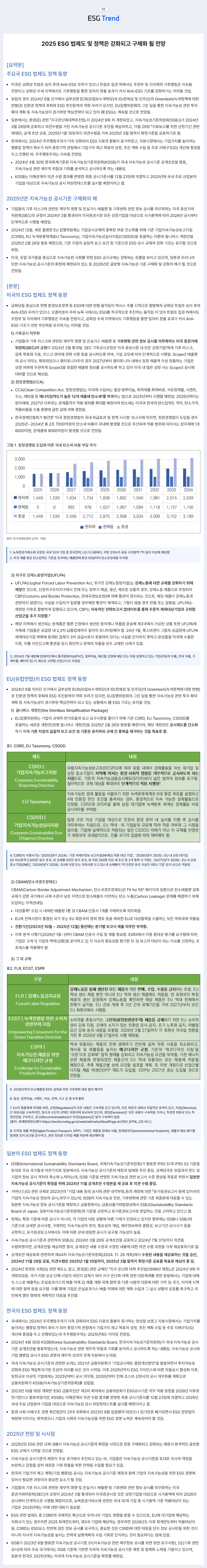 ESG Trend 2025 ESG 법제도 및 정책은 강화되고 구체화 될 전망 