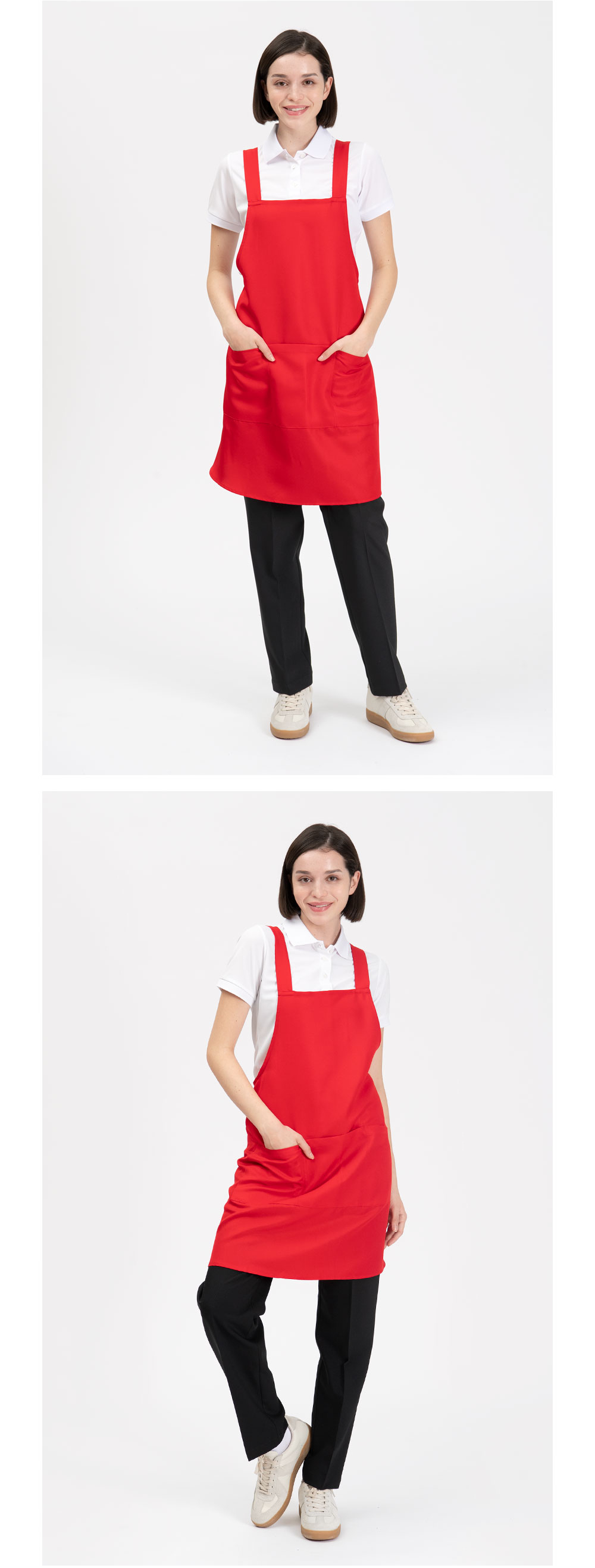 X형 주방 앞치마 빨간색 착용컷