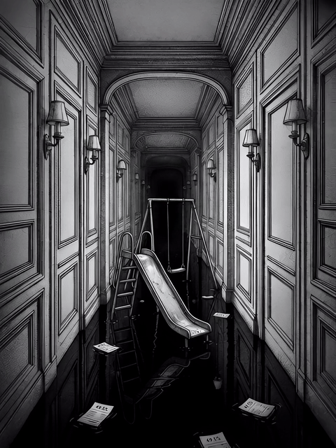 고풍스러운 복도 내부가 물에 잠긴 흑백 에칭 스타일 이미지. 복도 한가운데에는 어린이용 미끄럼틀과 사다리가 놓여 있으나, 바닥은 검은 물로 가득 차 있다. 물 위에는 "49.5%"라고 적힌 종이들이 흩어져 떠 있다. 놀이를 위해 만들어진 구조물이 침수된 공간 속에서 제 기능을 하지 못하는 모습은, 혁신을 표방한 제도가 현실의 작동 방식과 충돌하며 발생하는 조각투자 과세 구조의 불안정함을 상징적으로 보여준다. A black-and-white etching-style image of an ornate corridor flooded with dark water. At the center stands a children's slide and ladder, rendered unusable as the floor is submerged. Papers labeled "49.5%" float on the water’s surface. The scene metaphorically represents a system designed for play and innovation rendered dysfunctional by structural conditions, reflecting the instability and contradiction within the current taxation framework of fractional art investment.