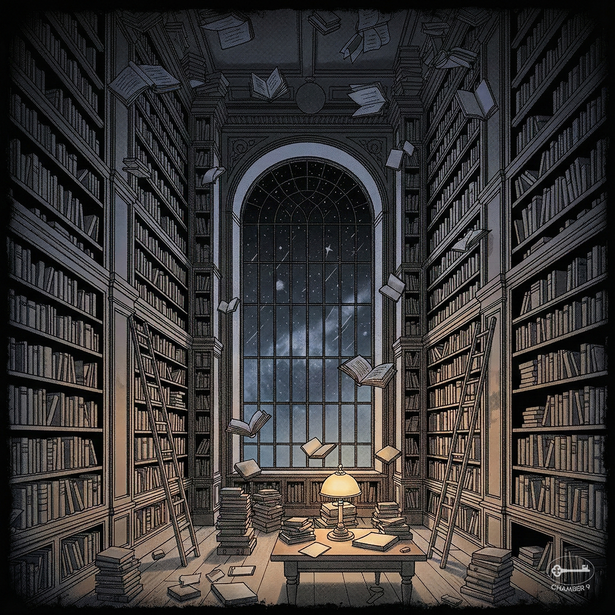 [Chamber9 Artwork] AI 유산과 기록의 회랑. 강한 대비와 거친 망점 질감이 돋보이는 고전 서재. 중앙의 아치형 창문 너머로는 신비로운 우주의 별과 구름이 보입니다. 책상 위 스탠드가 고독하게 빛나는 가운데, 수십 권의 책이 중력을 거스르듯 공중에 부유합니다. 이 부유하는 책들은 AI 시대에 무질서하게 떠도는 기록의 파편을 상징하며, 개인과 사회의 기억을 선별하고 탐구하는 지적인 행위를 은유합니다. 필름 누아르의 고독한 조명과 레트로 만화의 물질성을 결합하여, 체임버나인의 AI 아카이브를 시각화한 아트워크입니다.