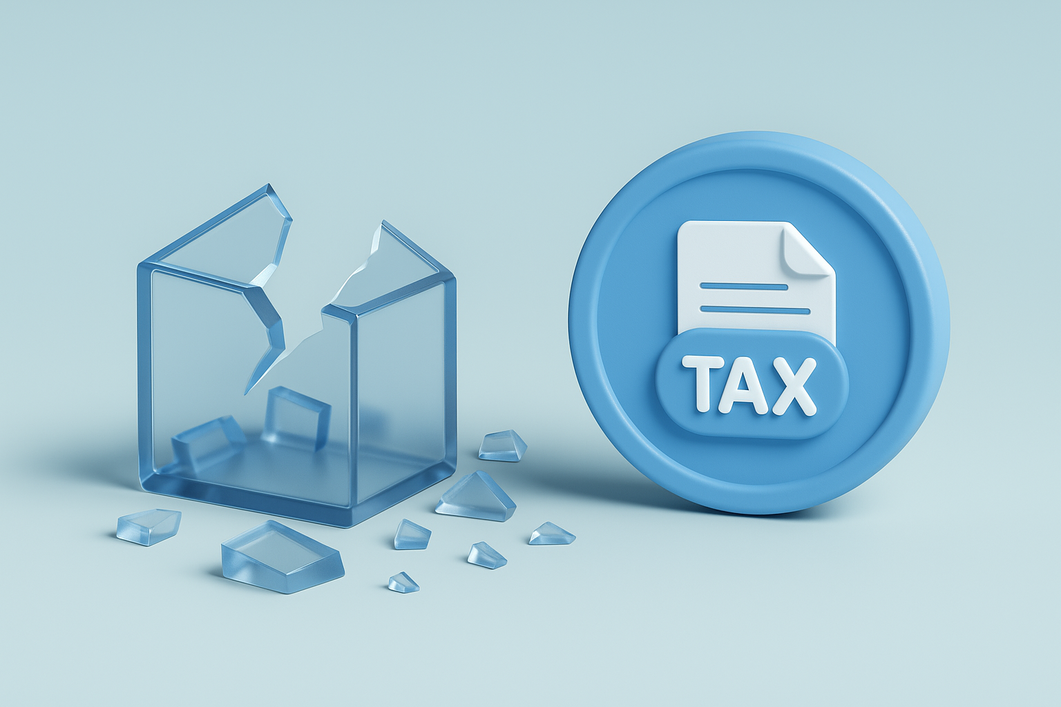 깨진 유리 구조물과 TAX 배지 – 구조적 불일치를 나타내는 조각투자 과세 은유 일러스트