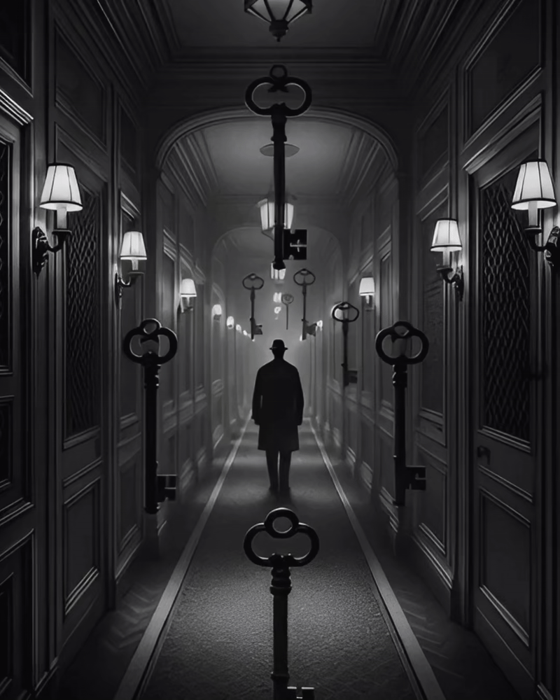 어둡고 긴 복도를 천천히 줌인·줌아웃하며 이동하는 흑백 루프 이미지. 공중에 떠서 미세하게 흔들리는 수십 개의 열쇠들이 기억의 조각처럼 배치되어 있으며, 복도 끝에는 르네 마그리트를 연상시키는 실루엣의 인물이 서 있다. 명확한 정체 없이 검은 그림자로만 존재하는 그 인물은, AI 시대의 ‘기억의 방’과 개인의 사유 구조를 상징한다. 부유하는 열쇠는 잠겨 있던 기억·해석·유산의 층위를 의미하며, 끝없이 이어지는 복도는 잊힘과 보존 사이의 선택을 은유한다. 핵심 키워드: AI 유산, 디지털 기억, 기억의 방, 메타포, 르네 마그리트, 열쇠 이미지, 기억 아카이브, 사유 구조, AI 존재론, Chamber9 아트워크 A looping black-and-white GIF featuring a long, dim corridor that slowly zooms in and out. Numerous antique keys float in mid-air, gently swaying like fragmented memories. At the end of the hallway stands a shadowy figure reminiscent of René Magritte—faceless, anonymous, and defined only by silhouette. The scene visualizes the "Room of Memory" in the age of AI, where floating keys represent layers of locked thoughts, archives, and inherited cognition. The endless corridor evokes the tension between forgetting and preservation, inviting the viewer to explore the architecture of their own inner archive. Keywords: AI legacy, digital memory, memory room, surreal corridor, floating keys, René Magritte silhouette, cognitive archive, AI ontology, Chamber9 artwork
