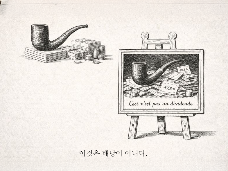 르네 마그리트의 「이것은 파이프가 아니다」 구조를 차용한 패러디 인포그래픽. 파이프와 현금 더미 위에 놓인 "49.5%" 표식은, 실제로는 반복적인 배당이 존재하지 않는 미술품·조각투자 수익이 제도상 ‘배당소득’으로 분류되어 과세되는 상황을 상징한다. 사물의 성격보다 이름이 먼저 규정되는 순간 발생하는 제도적 역설을 시각적으로 풍자한다.  A parody infographic inspired by René Magritte’s "This Is Not a Pipe." The "49.5%" mark placed above a pipe and stacks of cash symbolizes the institutional paradox in which art fractional investment returns—despite lacking any recurring dividend—are classified and taxed as dividend income under the current system. The image satirizes the moment when naming precedes substance, exposing the dissonance between an asset’s true nature and the language used to define it.