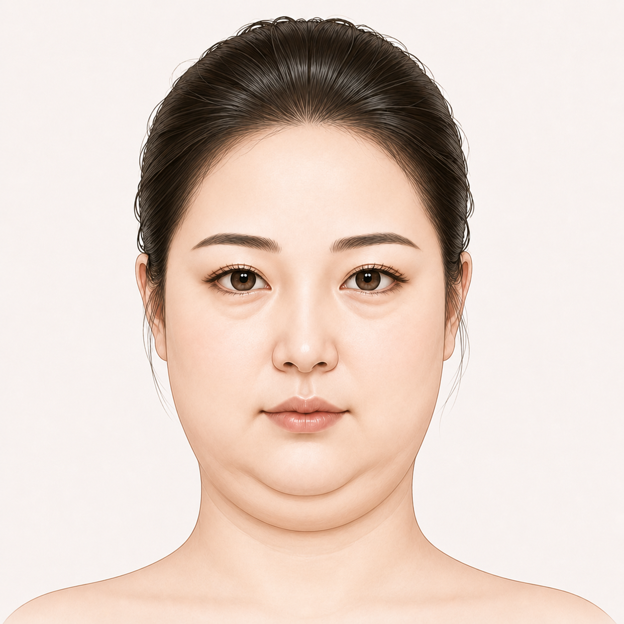 턱살과 부종감이 많은 둥근 턱선 여성 얼굴 예시