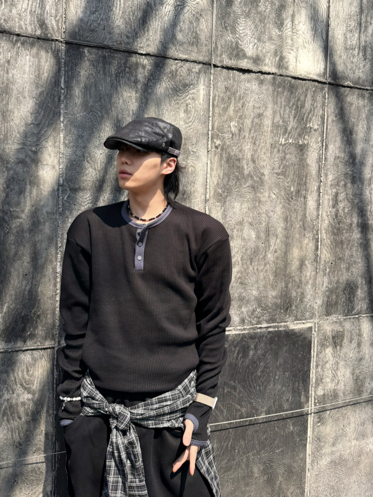 ヘンリーネックウォーマーワッフル長袖Tシャツ | ファッション