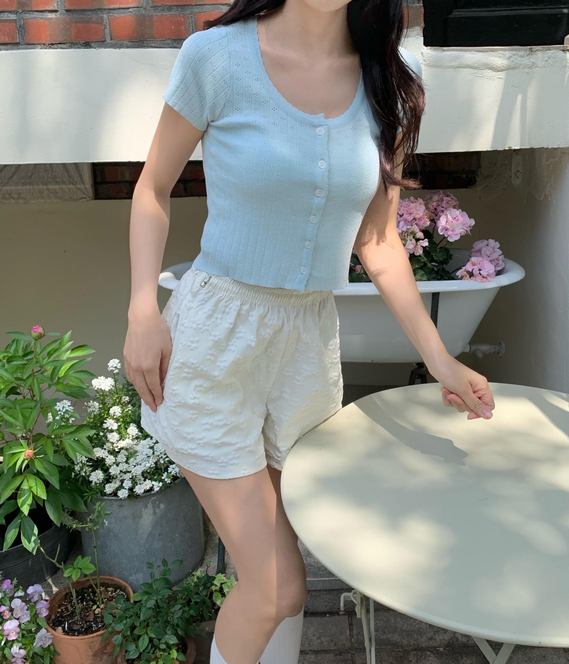 [퀄리티보장/프릴디테일]프릴 유넥 펀칭 니트 얇은 반팔 크롭 가디건 슬림 티셔츠 상세 이미지 17
