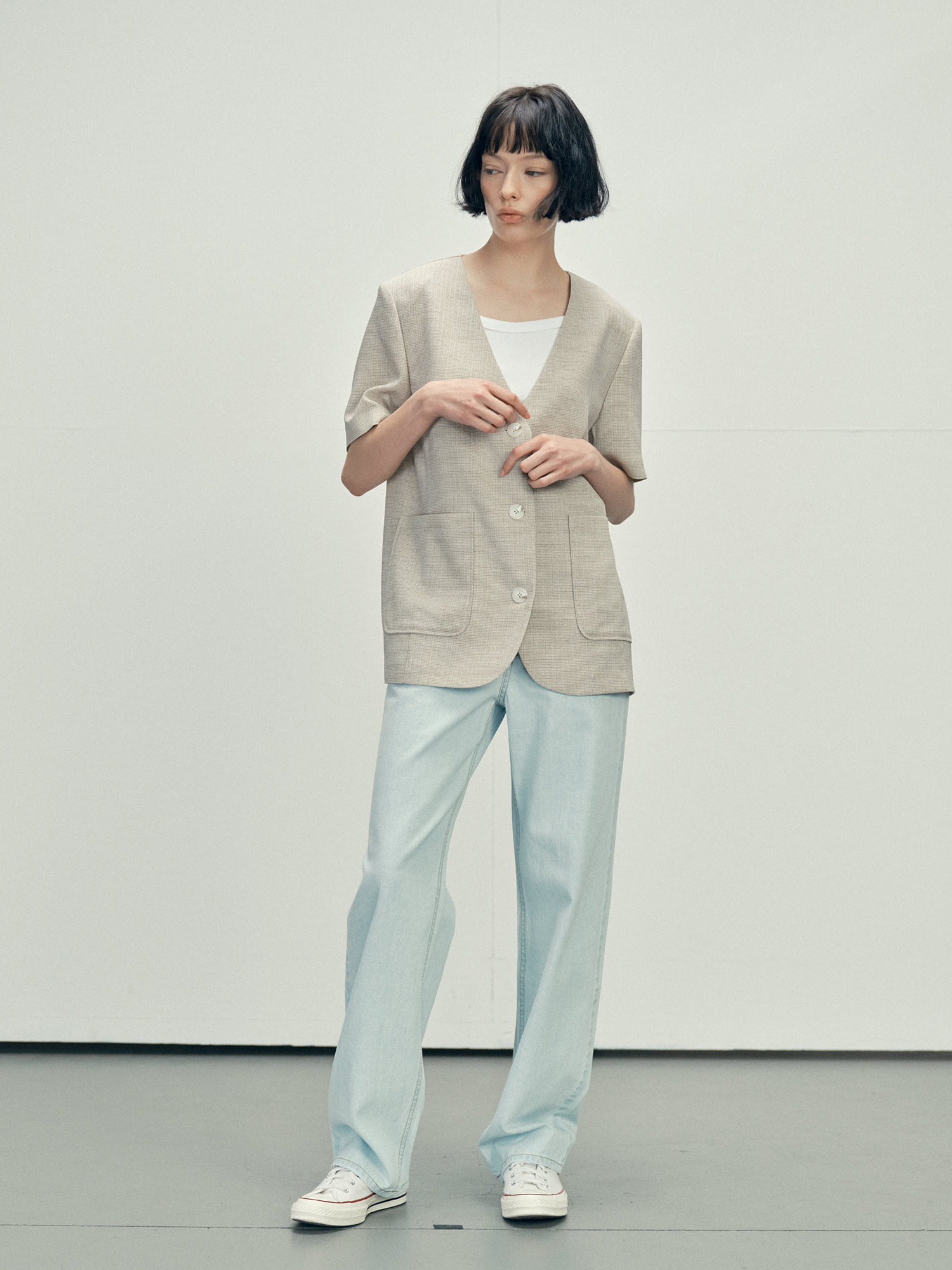 6610 NOCOLLAR HALF SLEEVE JACKET (BEIGE)