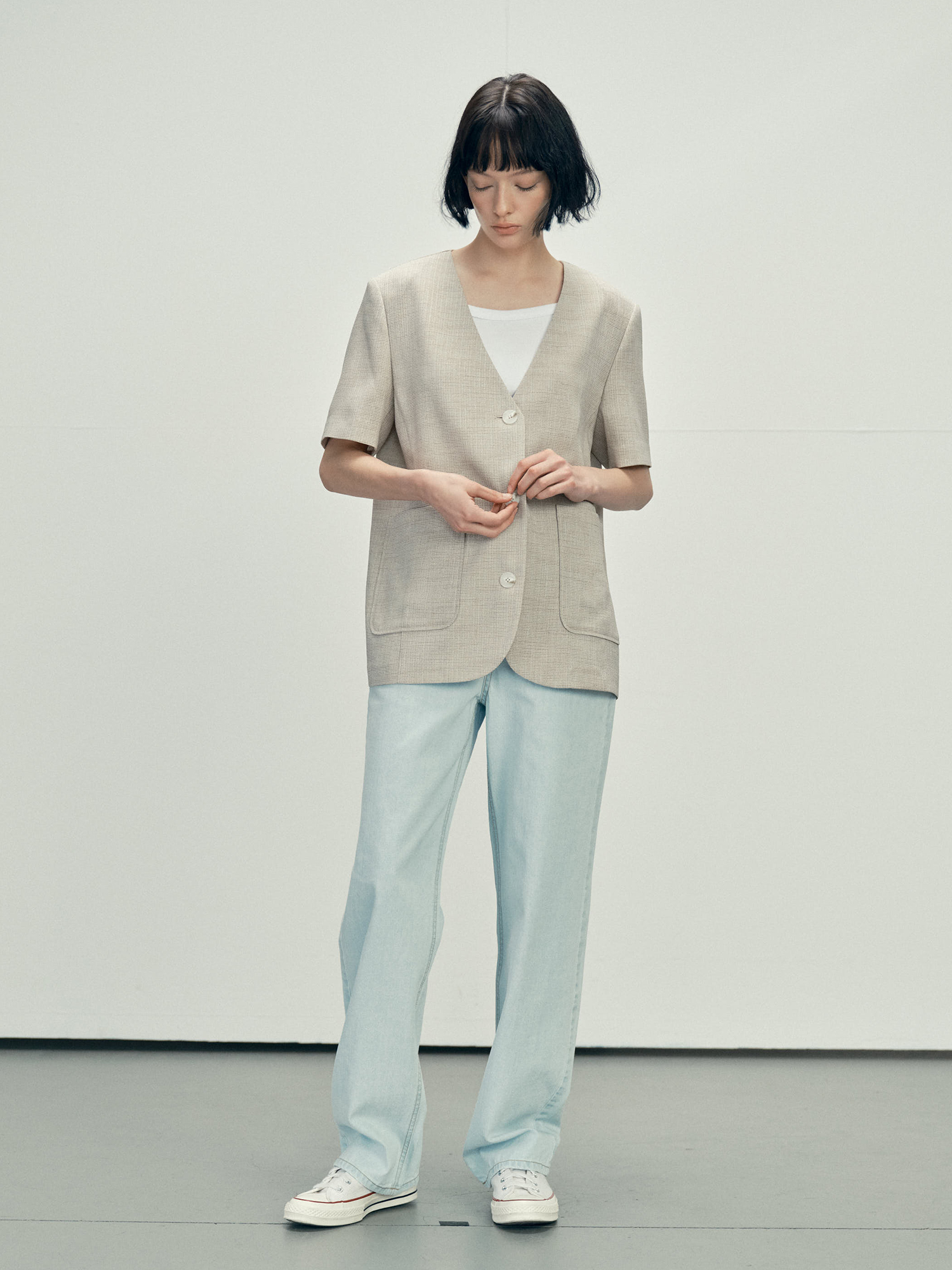 6610 NOCOLLAR HALF SLEEVE JACKET (BEIGE)