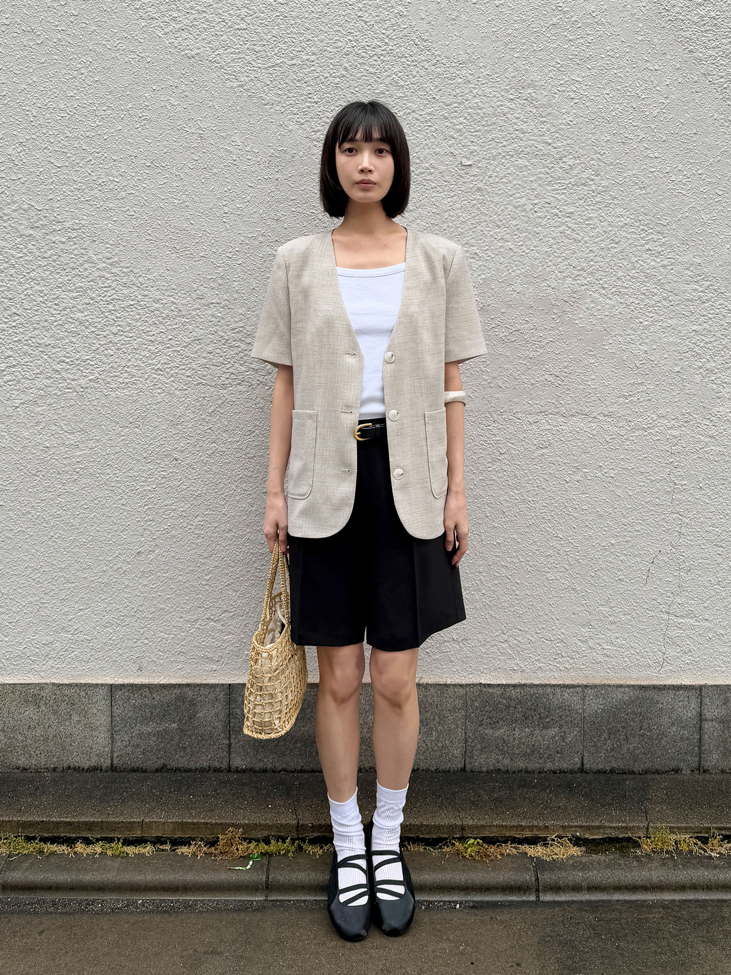 6610 NOCOLLAR HALF SLEEVE JACKET (BEIGE)