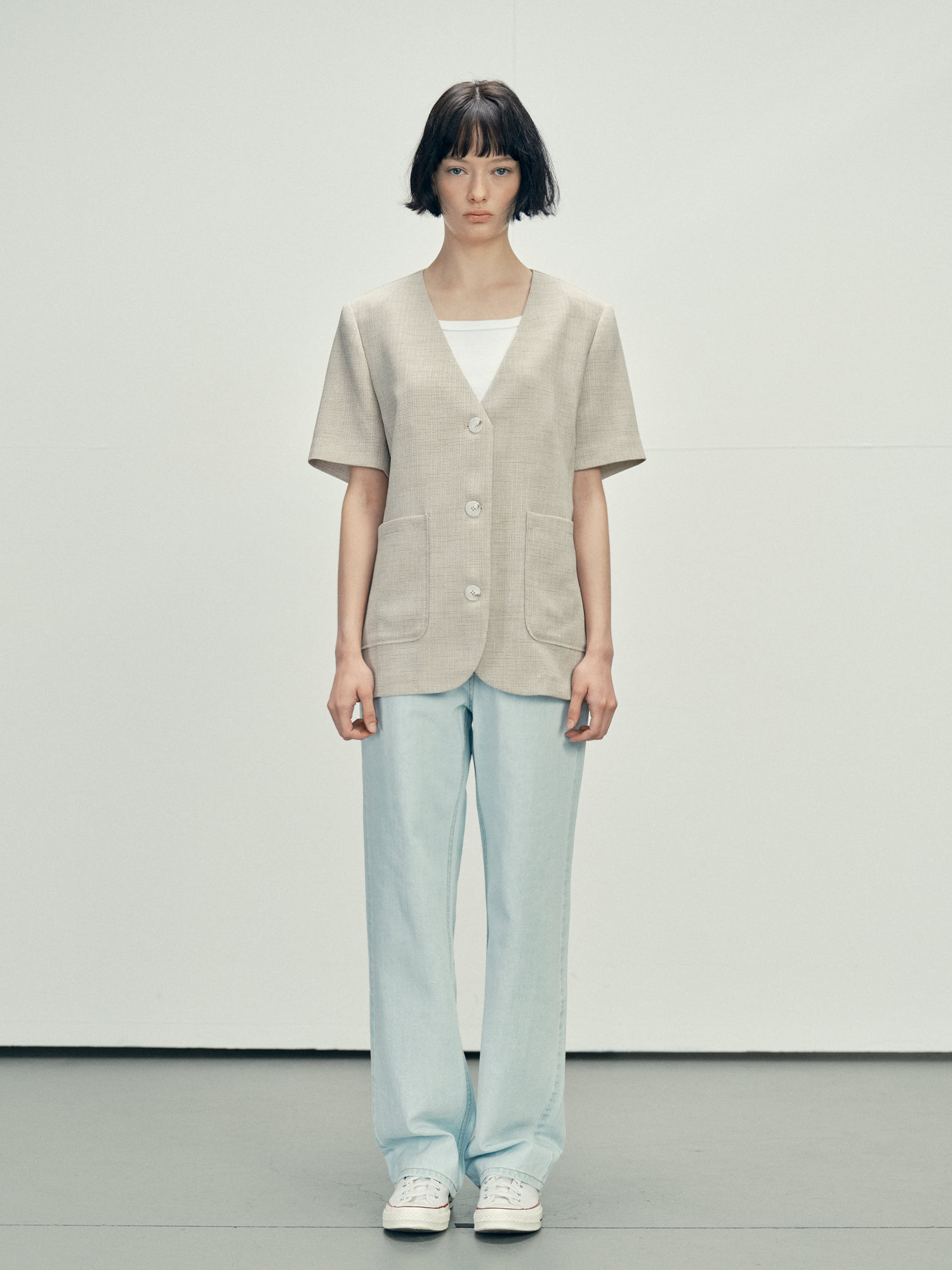 6610 NOCOLLAR HALF SLEEVE JACKET (BEIGE)