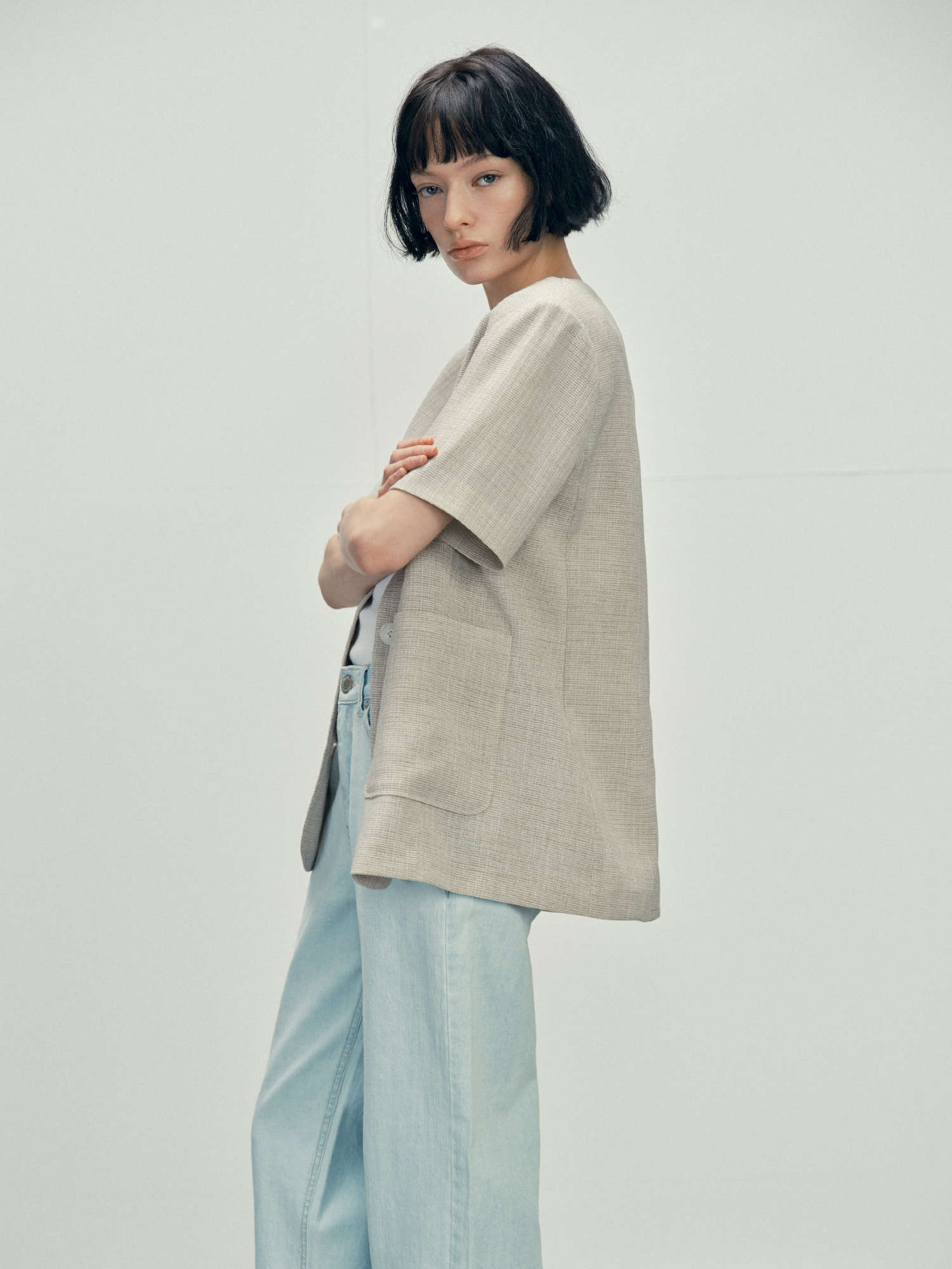 6610 NOCOLLAR HALF SLEEVE JACKET (BEIGE)