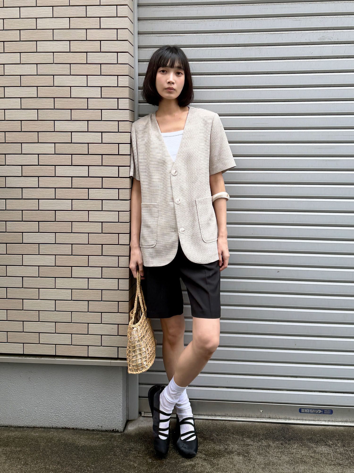 6610 NOCOLLAR HALF SLEEVE JACKET (BEIGE)