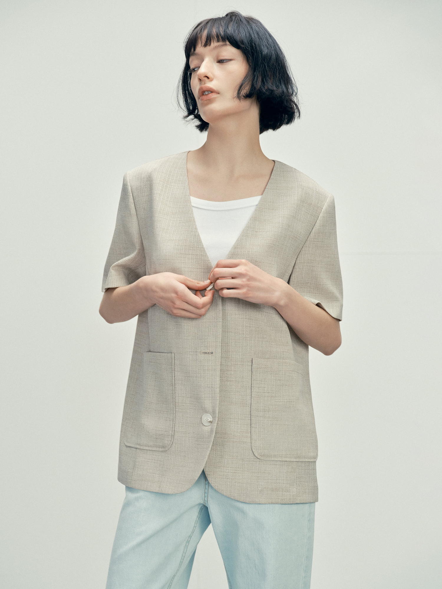 6610 NOCOLLAR HALF SLEEVE JACKET (BEIGE)