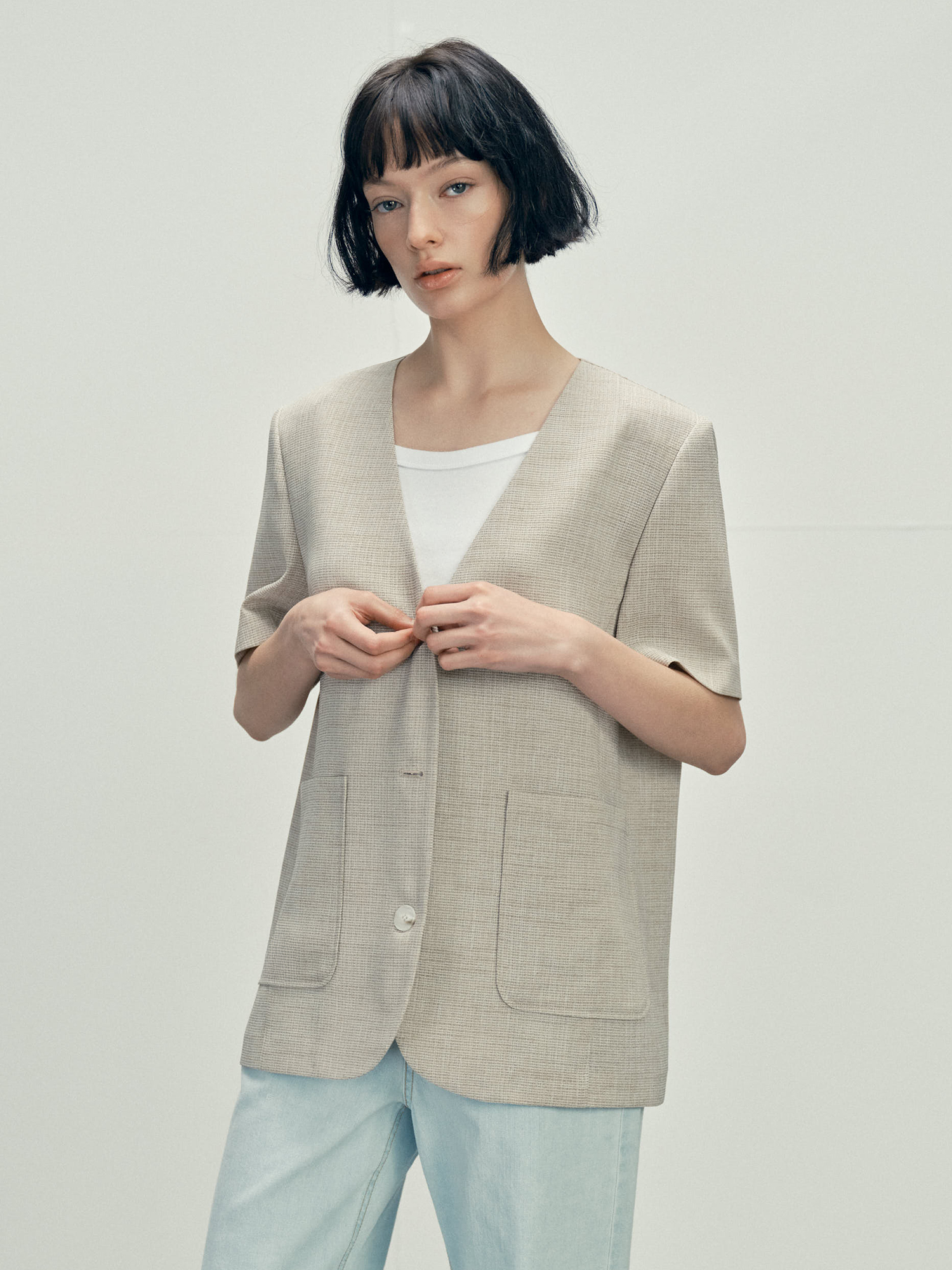 6610 NOCOLLAR HALF SLEEVE JACKET (BEIGE)