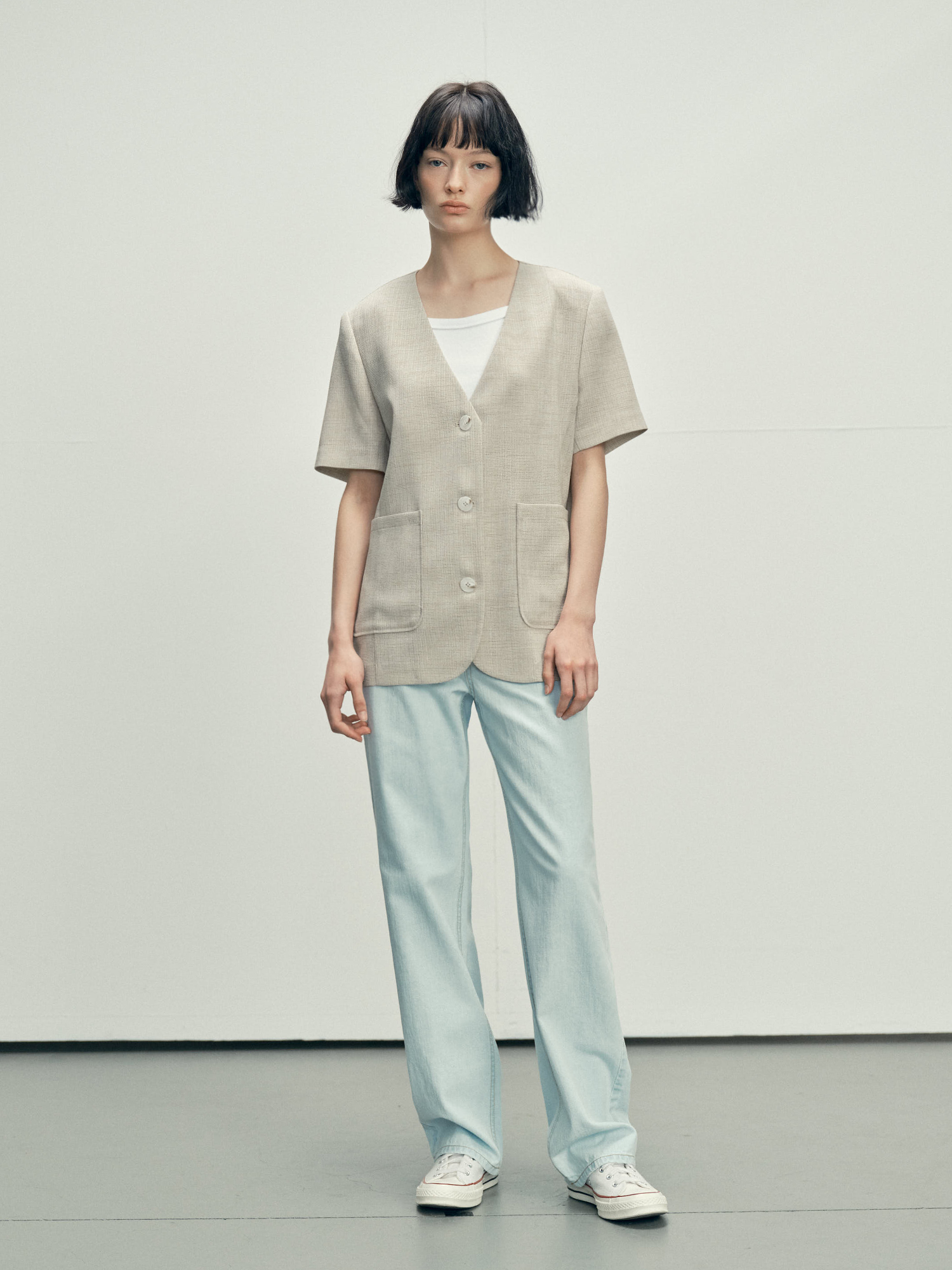 6610 NOCOLLAR HALF SLEEVE JACKET (BEIGE)