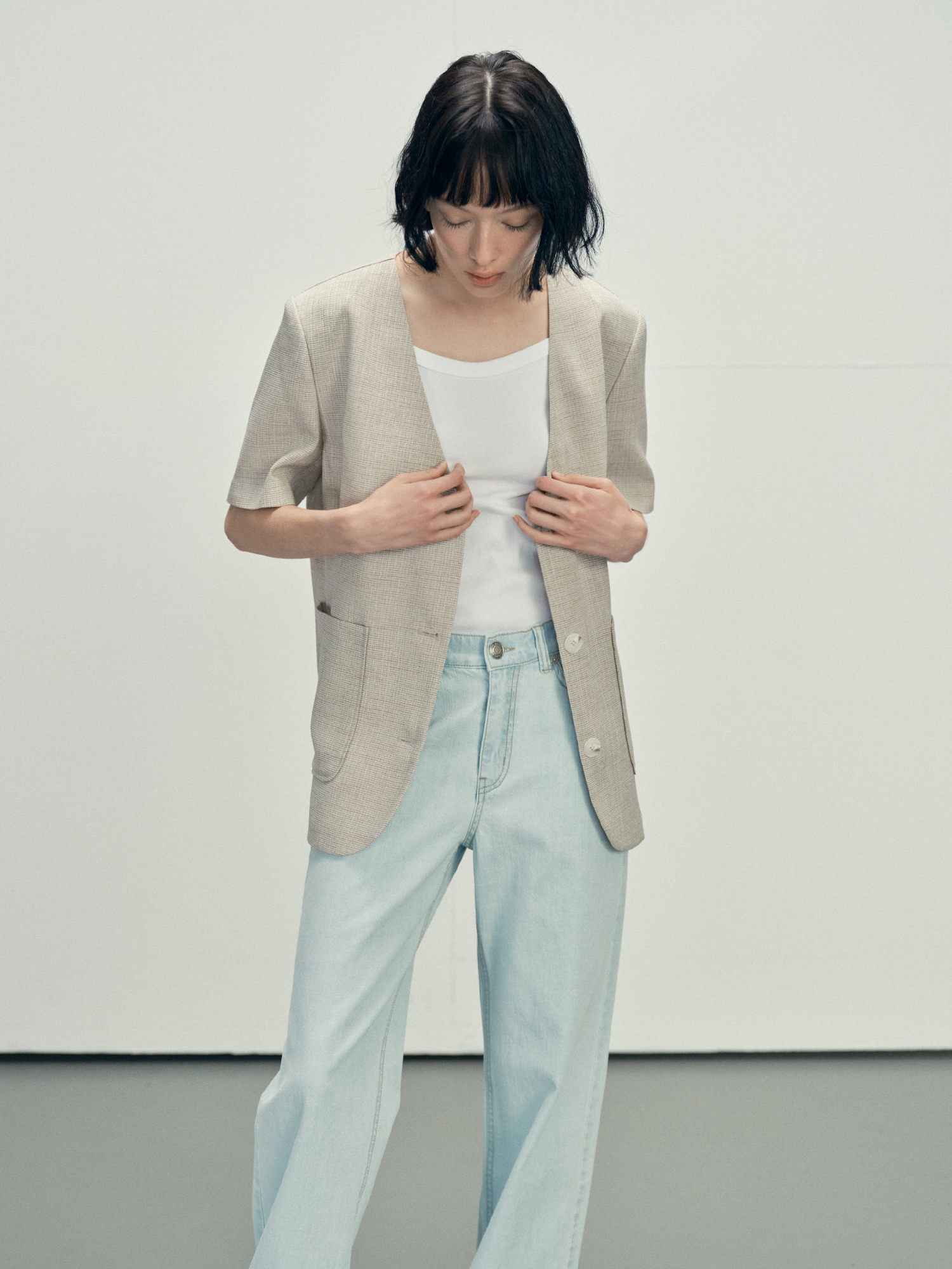 6610 NOCOLLAR HALF SLEEVE JACKET (BEIGE)