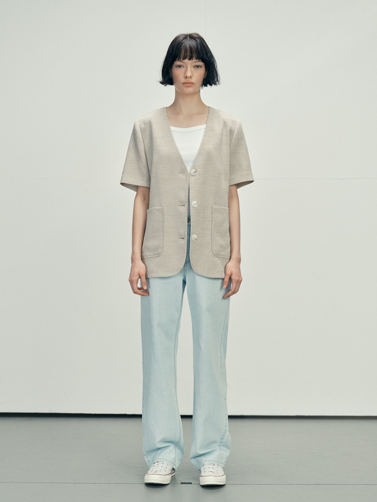 6610 NOCOLLAR HALF SLEEVE JACKET (BEIGE)