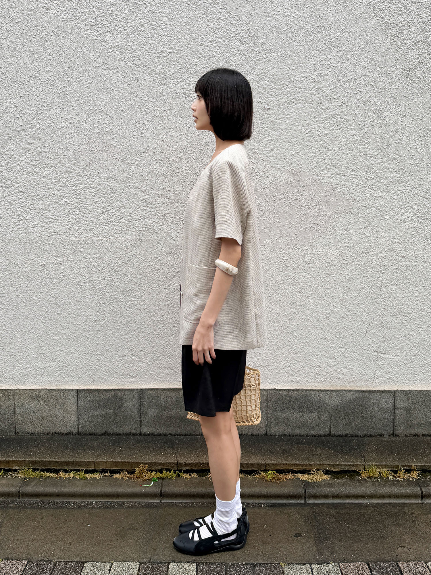 6610 NOCOLLAR HALF SLEEVE JACKET (BEIGE)